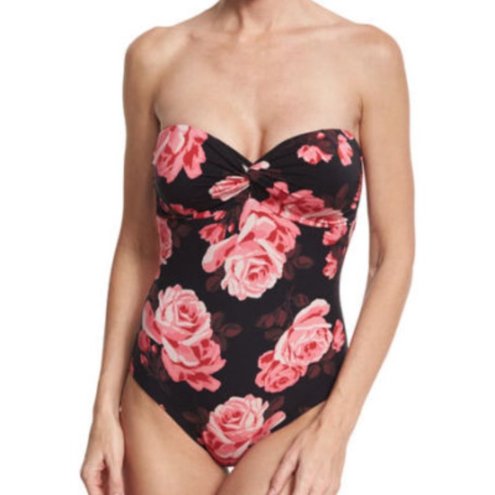 KATE SPADE ROSE PRINT 1 PC BANDEAU SWIMSUIT BLACK PINK SIZE S $142 *NWT*!